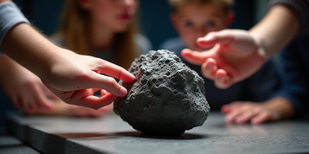 Дети рассматривают фрагмент метеорита